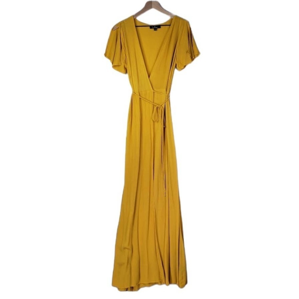 Lulus Much Obliged Mustard Yellow Crinkle Maxi Dress S Wrap Flutter Sleeve - Picture 4 of 13